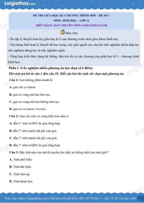 Đề thi giữa kì 1 Sinh 12 Kết nối tri thức - Đề số 1